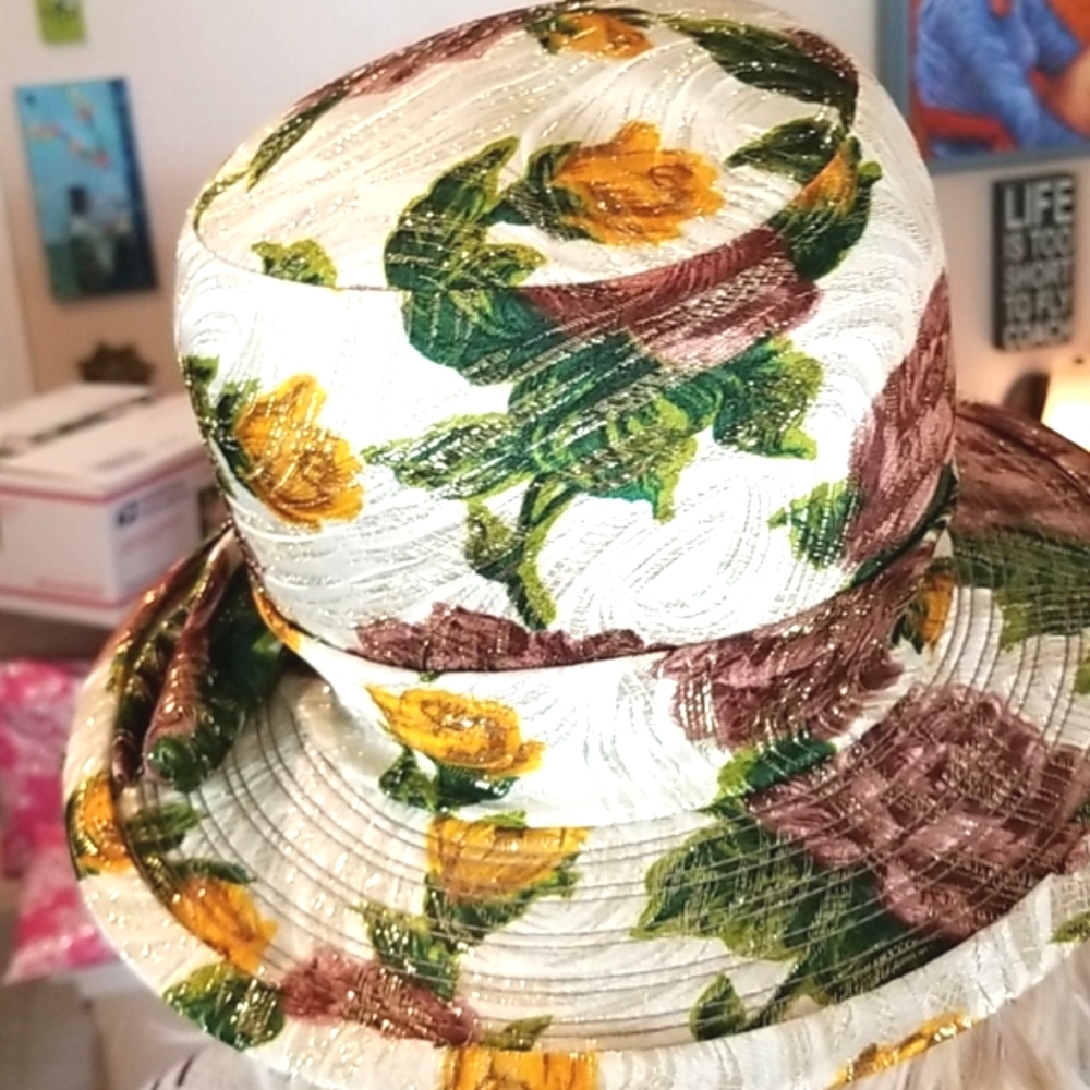 60's Vtg Union Made Cream Floral Shabby Lurex Quirky Spring Garden Church Hat - Picture 7 of 16